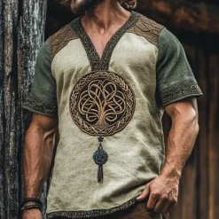 Sale OUKU Men's T Shirt Tee Short Sleeve Shirt Tee Top Short Sleeve V Neck Summer Tree Viking Bohemia Vintage Casual Ethnic Splice Vacation Street Casual Daily Top Tee for Men Green