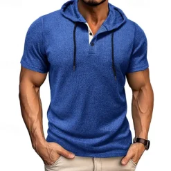 Outlet OUKU Men's T Shirt Tee Short Sleeve Shirt Tee Top Short Sleeve Hooded Summer Plain Fashion Designer Basic Buttons Vacation Street Going out Wine Black Blue Top Tee for Men