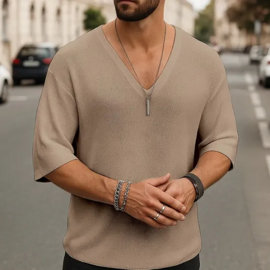 Hot OUKU Men's T Shirt Tee Short Sleeve Shirt Tee Top Short Sleeve V Neck Summer Plain Fashion Designer Basic Classic Vacation Street Going out Black White Brown Top Tee for Men
