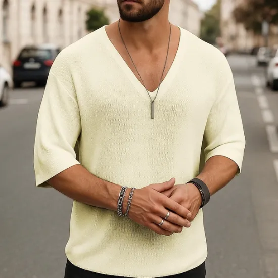 Hot OUKU Men's T Shirt Tee Short Sleeve Shirt Tee Top Short Sleeve V Neck Summer Plain Fashion Designer Basic Classic Vacation Street Going out Black White Brown Top Tee for Men