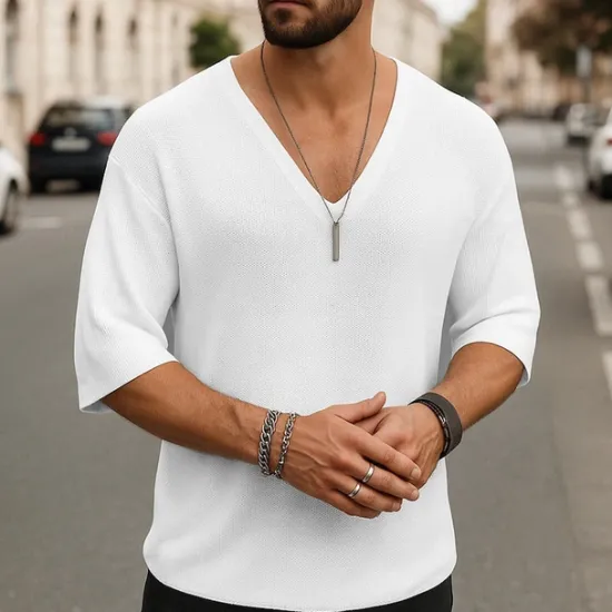 Hot OUKU Men's T Shirt Tee Short Sleeve Shirt Tee Top Short Sleeve V Neck Summer Plain Fashion Designer Basic Classic Vacation Street Going out Black White Brown Top Tee for Men