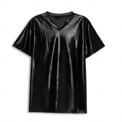 Best OUKU Men's T Shirt Tee Short Sleeve V Neck Summer Plain Exaggerated Designer Wedding Party Cocktail Attire Silver Black Gold Top Tee for Men