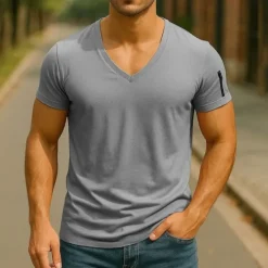 Sale OUKU Men's T Shirt Tee Short Sleeve Shirt Tee Top Short Sleeve V Neck Summer Plain Fashion Designer Basic Zipper Vacation Street Going out Black White Pink Top Tee for Men