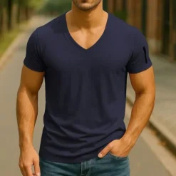 Sale OUKU Men's T Shirt Tee Short Sleeve Shirt Tee Top Short Sleeve V Neck Summer Plain Fashion Designer Basic Zipper Vacation Street Going out Black White Pink Top Tee for Men