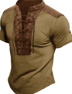 Discount OUKU Men's T Shirt Tee Short Sleeve Collar Summer Graphic Color Block Vintage Fashion Designer Lace up Print Casual Daily Sports Black Blue Brown Top Tee for Men