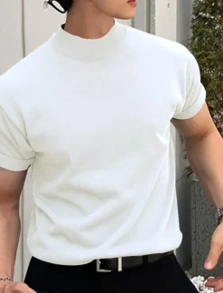 Hot OUKU Men's T shirt Tee Tee Top Plain Turtleneck Street Vacation Short Sleeves Knitting Clothing Apparel Fashion Designer Basic