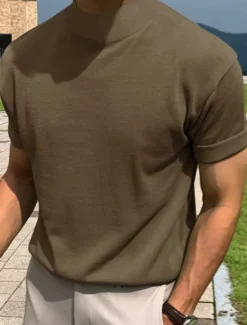 Hot OUKU Men's T shirt Tee Tee Top Plain Turtleneck Street Vacation Short Sleeves Knitting Clothing Apparel Fashion Designer Basic