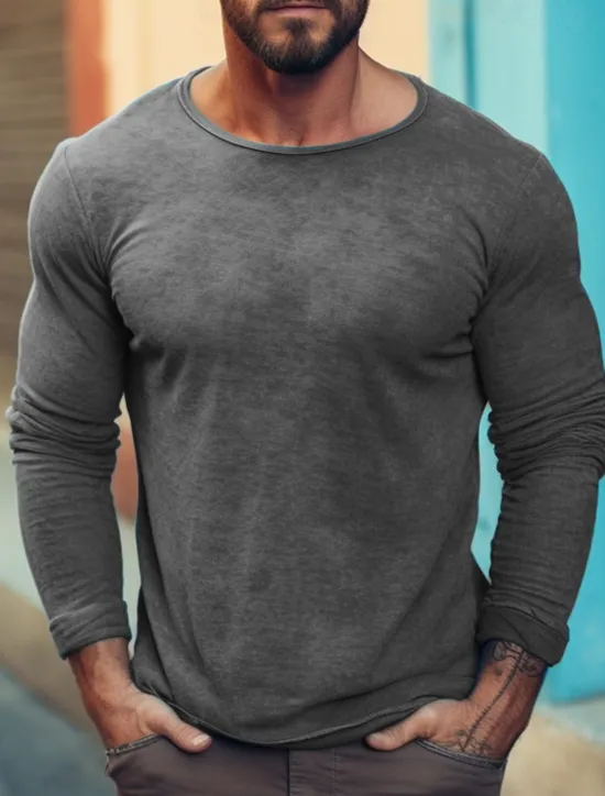 OUKU Men's T Shirt Tee Top Long Sleeve Shirt Long Sleeve Crew Neck Spring & Fall Plain Fashion Designer Basic Vacation Street Going out Blue Green Dark Gray Top Tee for Men
