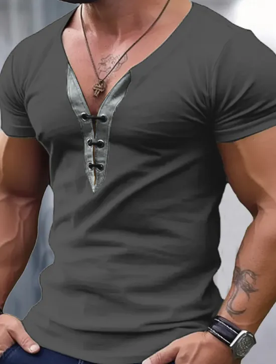 Sale OUKU Men's T Shirt Tee Top Long Sleeve V Neck Spring & Summer Plain Fashion Designer Basic Lace up Vacation Street Going out Black Blue Green Top Tee for Men