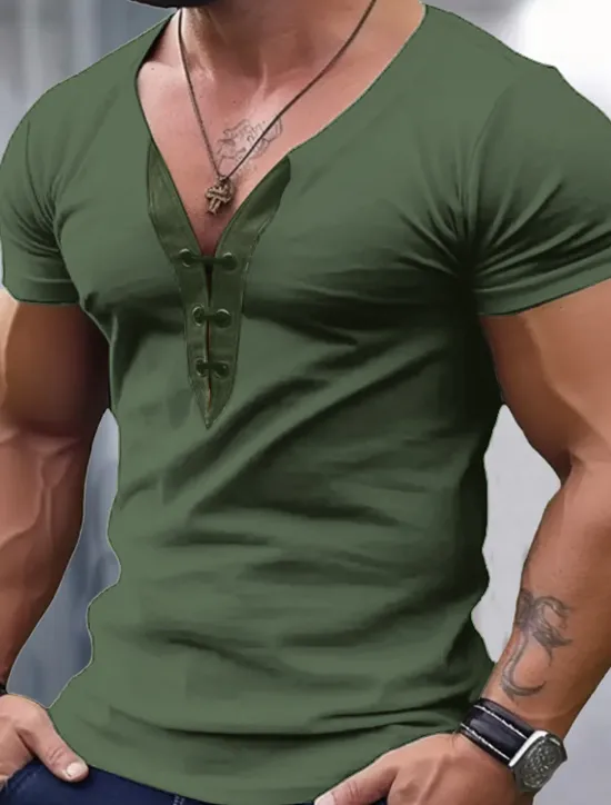 Sale OUKU Men's T Shirt Tee Top Long Sleeve V Neck Spring & Summer Plain Fashion Designer Basic Lace up Vacation Street Going out Black Blue Green Top Tee for Men