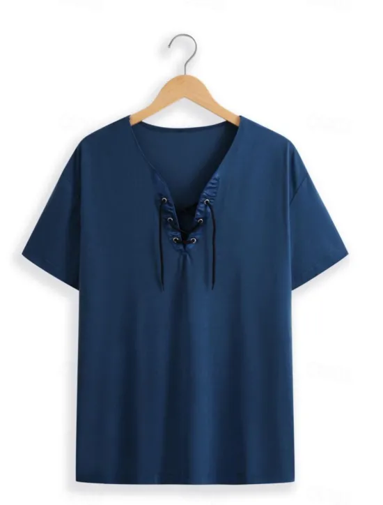 Sale OUKU Men's T Shirt Tee Top Long Sleeve V Neck Spring & Summer Plain Fashion Designer Basic Lace up Vacation Street Going out Black Blue Green Top Tee for Men