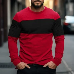 Sale OUKU Men's T Shirt Tee Top Long Sleeve Shirt Long Sleeve Crew Neck Spring & Fall Color Block Fashion Designer Basic Patchwork Vacation Street Going out Black Red Light Grey Top Tee for Men