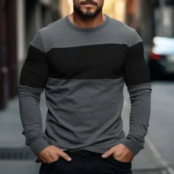Sale OUKU Men's T Shirt Tee Top Long Sleeve Shirt Long Sleeve Crew Neck Spring & Fall Color Block Fashion Designer Basic Patchwork Vacation Street Going out Black Red Light Grey Top Tee for Men