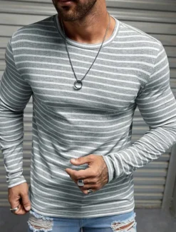 Discount OUKU Men's T Shirt Tee Top Long Sleeve Shirt Long Sleeve Crew Neck Spring & Fall Striped Fashion Designer Basic Vacation Street Going out Top Tee for Men Gray