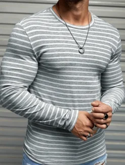 Discount OUKU Men's T Shirt Tee Top Long Sleeve Shirt Long Sleeve Crew Neck Spring & Fall Striped Fashion Designer Basic Vacation Street Going out Top Tee for Men Gray