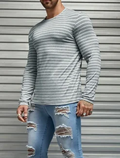 Discount OUKU Men's T Shirt Tee Top Long Sleeve Shirt Long Sleeve Crew Neck Spring & Fall Striped Fashion Designer Basic Vacation Street Going out Top Tee for Men Gray