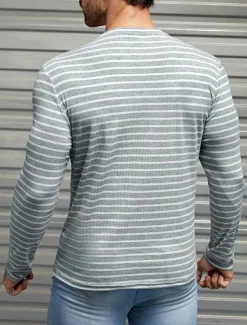 Discount OUKU Men's T Shirt Tee Top Long Sleeve Shirt Long Sleeve Crew Neck Spring & Fall Striped Fashion Designer Basic Vacation Street Going out Top Tee for Men Gray