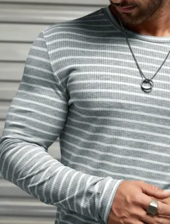 Discount OUKU Men's T Shirt Tee Top Long Sleeve Shirt Long Sleeve Crew Neck Spring & Fall Striped Fashion Designer Basic Vacation Street Going out Top Tee for Men Gray