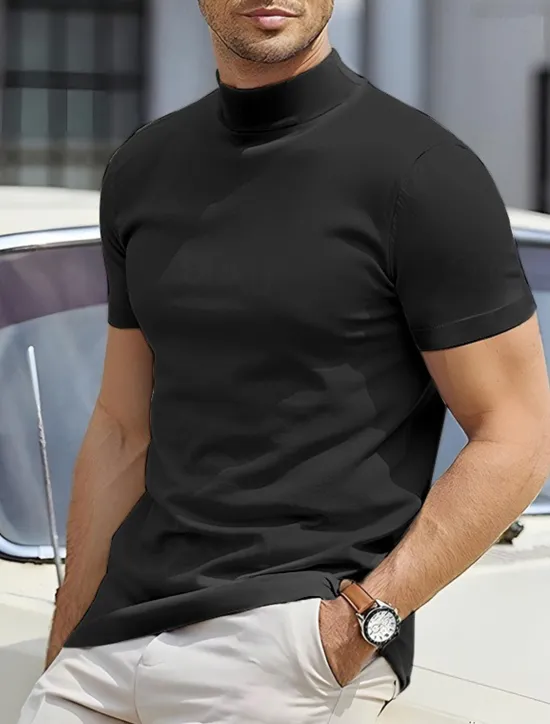 Discount OUKU Men's T Shirt Tee Top Mock Turtleneck Short Sleeves Turtleneck Summer Plain Designer Basic Modern Contemporary Vacation Street Going out Wine Black White Top Tee for Men