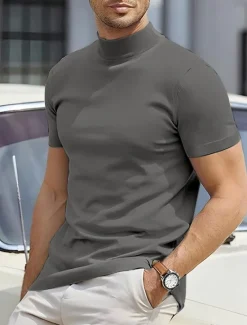 Discount OUKU Men's T Shirt Tee Top Mock Turtleneck Short Sleeves Turtleneck Summer Plain Designer Basic Modern Contemporary Vacation Street Going out Wine Black White Top Tee for Men
