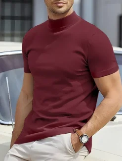 Discount OUKU Men's T Shirt Tee Top Mock Turtleneck Short Sleeves Turtleneck Summer Plain Designer Basic Modern Contemporary Vacation Street Going out Wine Black White Top Tee for Men