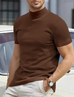 Discount OUKU Men's T Shirt Tee Top Mock Turtleneck Short Sleeves Turtleneck Summer Plain Designer Basic Modern Contemporary Vacation Street Going out Wine Black White Top Tee for Men