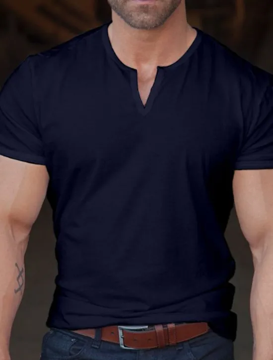 Sale OUKU Men's T Shirt Tee Top Short Sleeves Plain Fashion Designer Basic V Neck Vacation Street Going out Summer Black White Navy Blue Henley T-Shirt