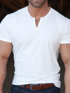 Sale OUKU Men's T Shirt Tee Top Short Sleeves Plain Fashion Designer Basic V Neck Vacation Street Going out Summer Black White Navy Blue Henley T-Shirt