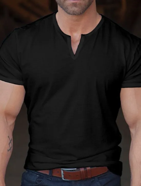 Sale OUKU Men's T Shirt Tee Top Short Sleeves Plain Fashion Designer Basic V Neck Vacation Street Going out Summer Black White Navy Blue Henley T-Shirt