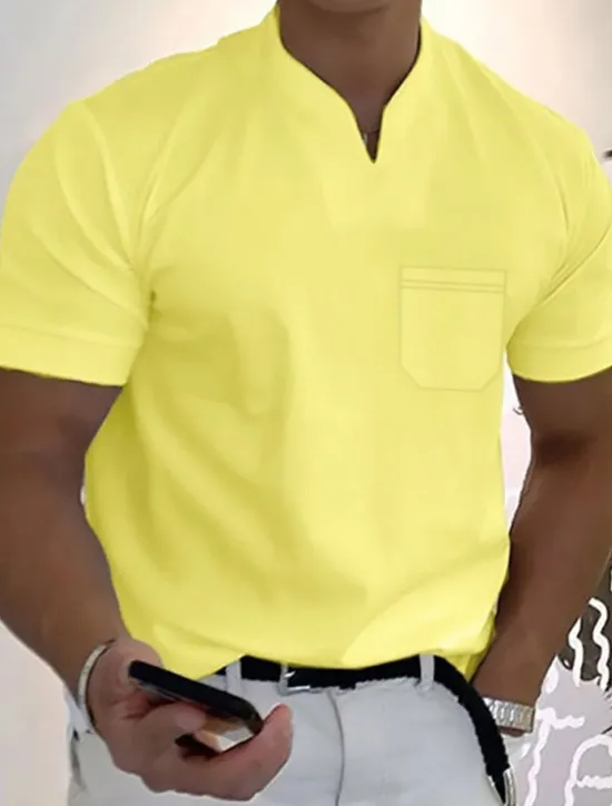 Best OUKU Men's T Shirt Tee Top Short Sleeve V Neck Summer Plain Fashion Designer Basic Buttons Front Pocket Vacation Going out Casual Daily Black White Yellow Top Tee for Men