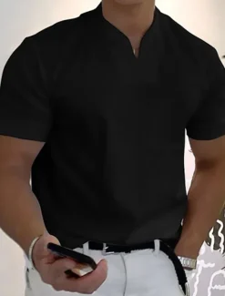Best OUKU Men's T Shirt Tee Top Short Sleeve V Neck Summer Plain Fashion Designer Basic Buttons Front Pocket Vacation Going out Casual Daily Black White Yellow Top Tee for Men