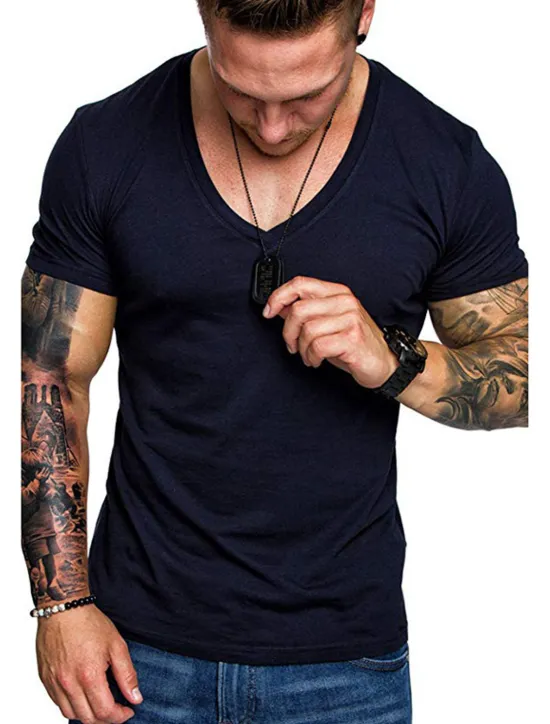 Sale OUKU Men's T Shirt Tee Top Short Sleeve V Neck Plain Muscle Esencial Summer Navy Black White Top Tee for Men