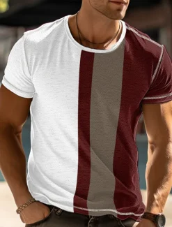 Discount OUKU Men's T Shirt Tee Top Short Sleeves Crew Neck Summer Color Block Fashion Designer Basic Vacation Street Going out Black Navy Blue Red Top Tee for Men