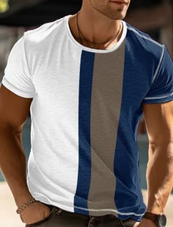Discount OUKU Men's T Shirt Tee Top Short Sleeves Crew Neck Summer Color Block Fashion Designer Basic Vacation Street Going out Black Navy Blue Red Top Tee for Men