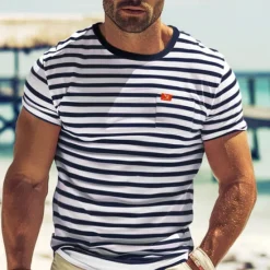 OUKU Men's T Shirt Tee Top Short Sleeves Crew Neck Summer Striped Fashion Designer Basic Front Pocket Vacation Street Going out Black Red Navy Blue Top Tee for Men