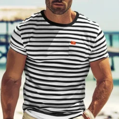 OUKU Men's T Shirt Tee Top Short Sleeves Crew Neck Summer Striped Fashion Designer Basic Front Pocket Vacation Street Going out Black Red Navy Blue Top Tee for Men