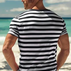 OUKU Men's T Shirt Tee Top Short Sleeves Crew Neck Summer Striped Fashion Designer Basic Front Pocket Vacation Street Going out Black Red Navy Blue Top Tee for Men