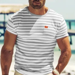 OUKU Men's T Shirt Tee Top Short Sleeves Crew Neck Summer Striped Fashion Designer Basic Front Pocket Vacation Street Going out Black Red Navy Blue Top Tee for Men