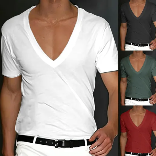 Outlet OUKU Men's T Shirt Tee Top Short Sleeves V Neck Summer Plain Designer Basic Modern Contemporary Classic Style Vacation Street Going out Black White Red Top Tee for Men