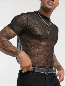 Clearance OUKU Men's T Shirt Tee Top Short Sleeves Crew Neck Summer Plain Fashion Designer Basic See Through Vacation Street Stage Black Blue Top Tee for Men