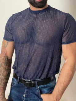 Clearance OUKU Men's T Shirt Tee Top Short Sleeves Crew Neck Summer Plain Fashion Designer Basic See Through Vacation Street Stage Black Blue Top Tee for Men