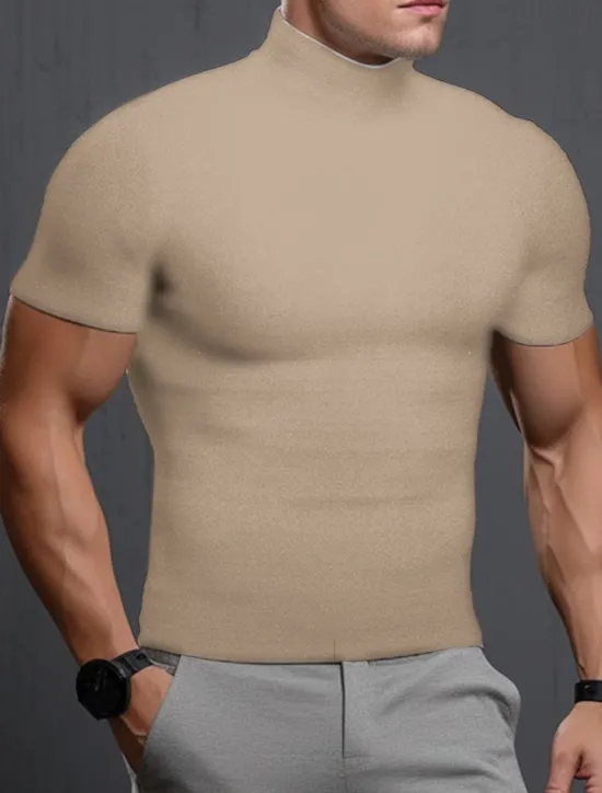 Online OUKU Men's T Shirt Tee Top Short Sleeves Turtleneck Summer Plain Pit Strip Fashion Designer Basic Vacation Street Going out Black White Khaki Top Tee for Men