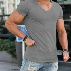 Sale OUKU Men's T Shirt Tee Top Short Sleeves V Neck Summer Plain Fashion Designer Basic Classic Style Vacation Street Going out Dark Grey Black White Top Tee for Men