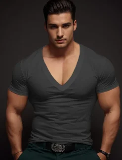 Outlet OUKU Men's T Shirt Tee Top Short Sleeves V Neck Summer Plain Fashion Designer Basic Vacation Street Going out Black White Red Top Tee for Men