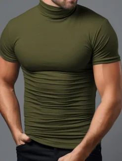 Best OUKU Men's T Shirt Tee Top Short Sleeves Turtleneck Summer Plain Fashion Designer Basic Vacation Street Going out Black White Green Top Tee for Men