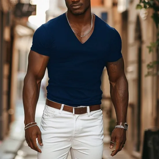 New OUKU Men's T Shirt Tee Top Short Sleeves V Neck Summer Plain Designer Basic Modern Contemporary Vacation Street Going out Navy Black White Top Tee for Men