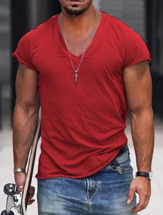 New OUKU Men's T Shirt Tee Top Short Sleeves V Neck Summer Plain Designer Basic Modern Contemporary Classic Style Vacation Street Going out Black White Pink Top Tee for Men