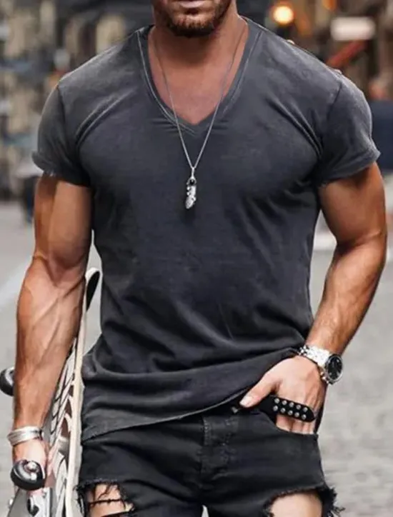 New OUKU Men's T Shirt Tee Top Short Sleeves V Neck Summer Plain Designer Basic Modern Contemporary Classic Style Vacation Street Going out Black White Pink Top Tee for Men