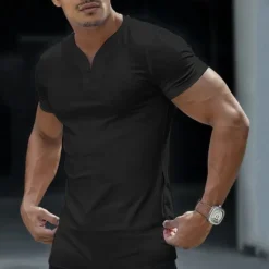 Hot OUKU Men's T Shirt Tee Top Short Sleeve V Neck Summer Plain Sports Fashion Lightweight V Neck Vacation Casual Holiday Light Blue Black White Top Tee for Men