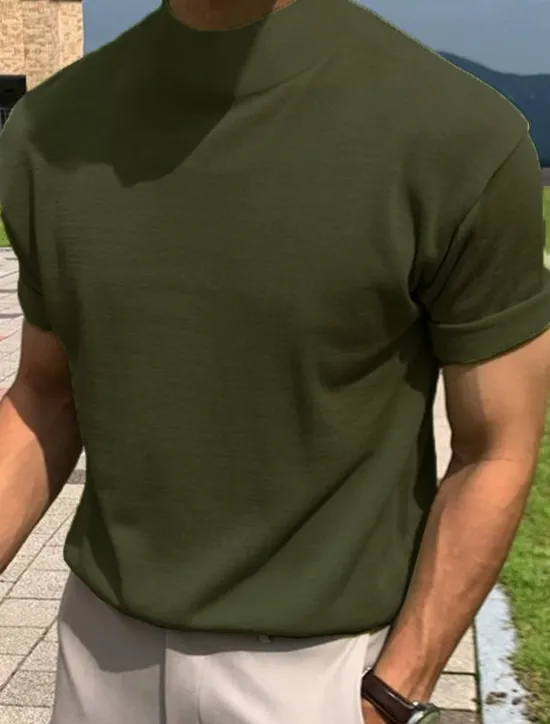 Clearance OUKU Men's T Shirt Tee Top Short Sleeves Turtleneck Summer Plain Fashion Designer Basic Knitting Vacation Street Going out Black White Brown Top Tee for Men